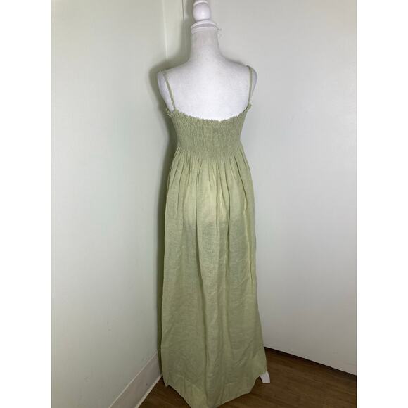 Three Graces Sage Green Smocked Maxi Linen Dress Sz10 - Picture 2 of 3